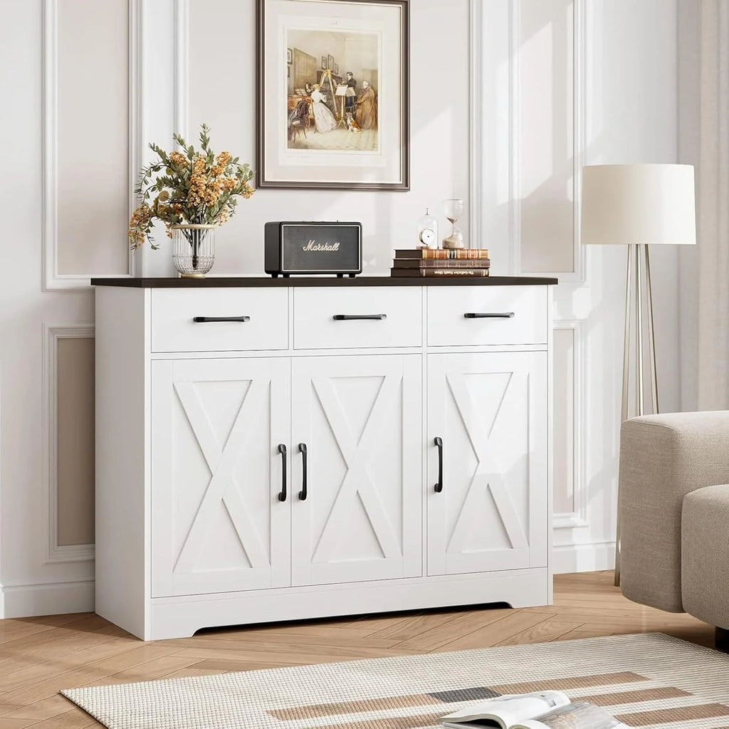 Modern farmhouse sideboard, barn door buffet storage cabinet with drawers and shelves, wooden coffee bar with storage