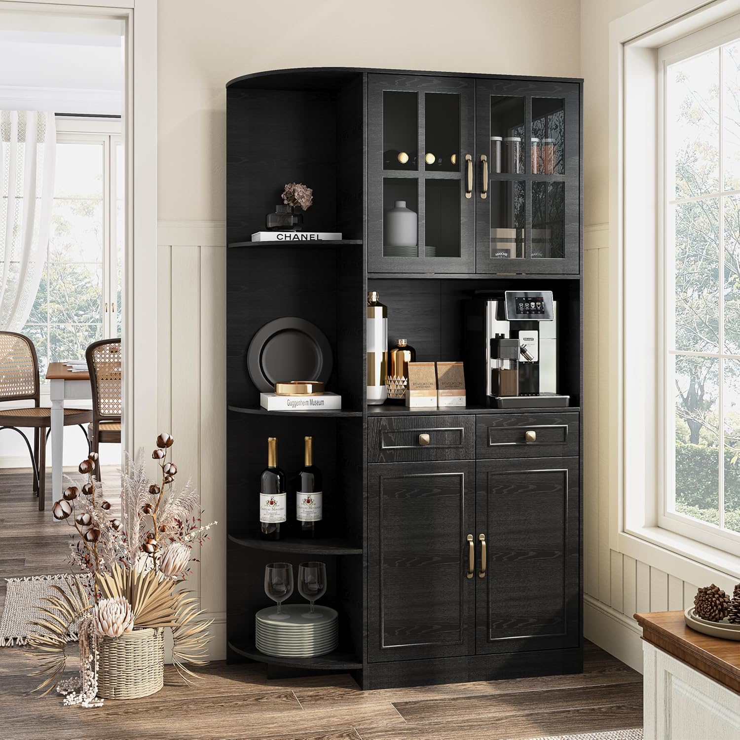 Kitchen Hutch Pantry Cabinet 71 Tall with Glass Doors