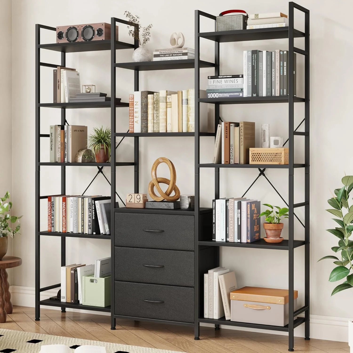 AFLUI Triple Bookshelf 3 Fabric Drawers 4-Tier Book Shelf 10 Display Shelves Industrial Bookcase