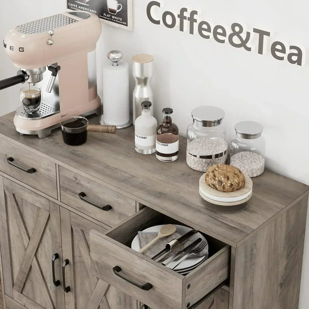 Modern farmhouse sideboard barn door buffet storage cabinet with drawers and shelves
