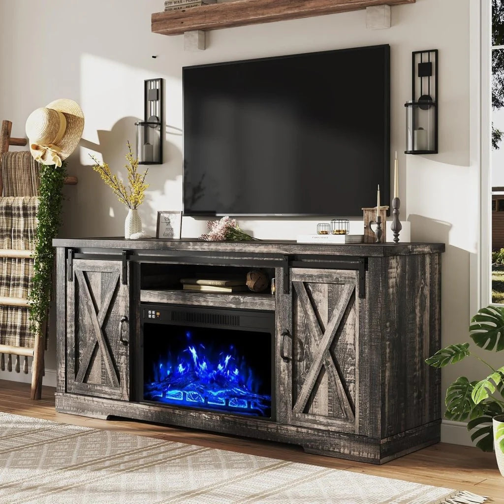 AMERLIFE Fireplace TV Stand with Sliding Barn Door for TVs up to 73, Farmhouse 63 Fireplace Entertainment Center with Storage Cabinets/Adjustable Shelves