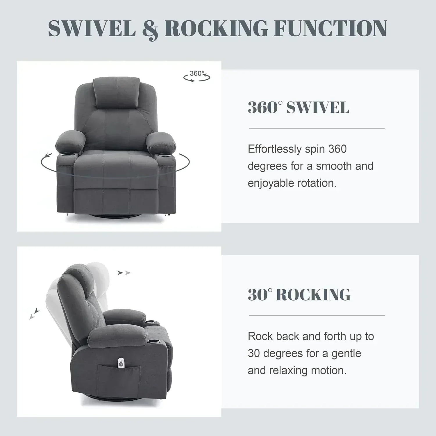 Large Swivel Rocking Recliner with Massage Function 360 Degree Swivel Rocking Single Sofa