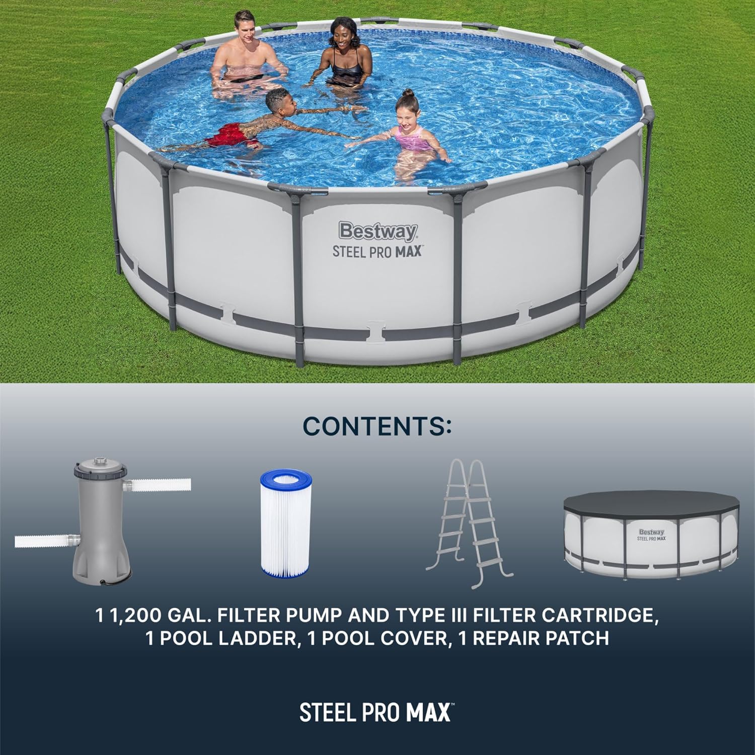 Steel Pro MAX 14 Foot x 48 Inch Round Metal Frame Above Ground Outdoor Swimming Pool Set with 1,000 Filter Pump, Ladder, and Cover, Gray