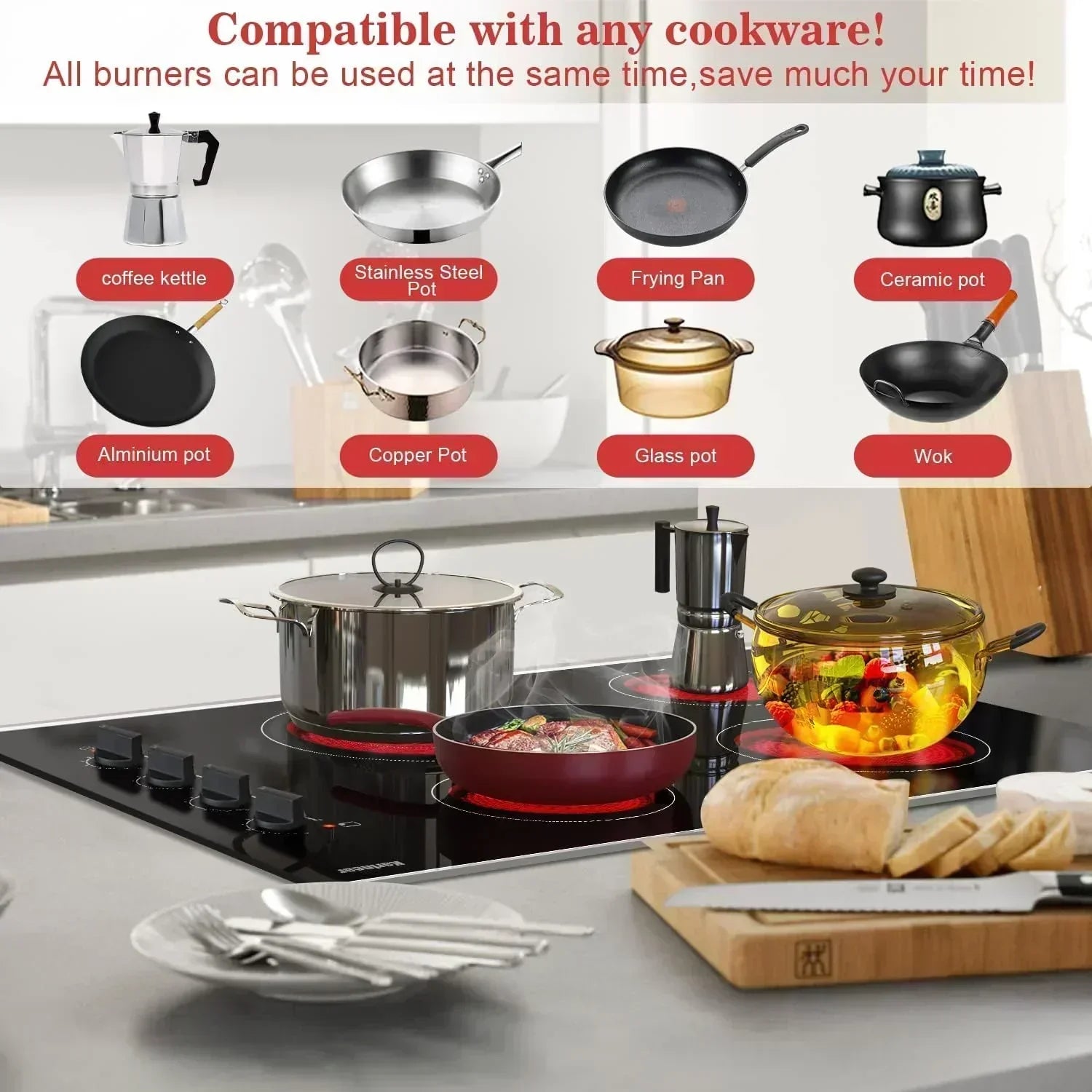 Karinear 30 Inch Electric Cooktop 4 Burners Built-in Ceramic Cooktop Radiant Electric Stove Top