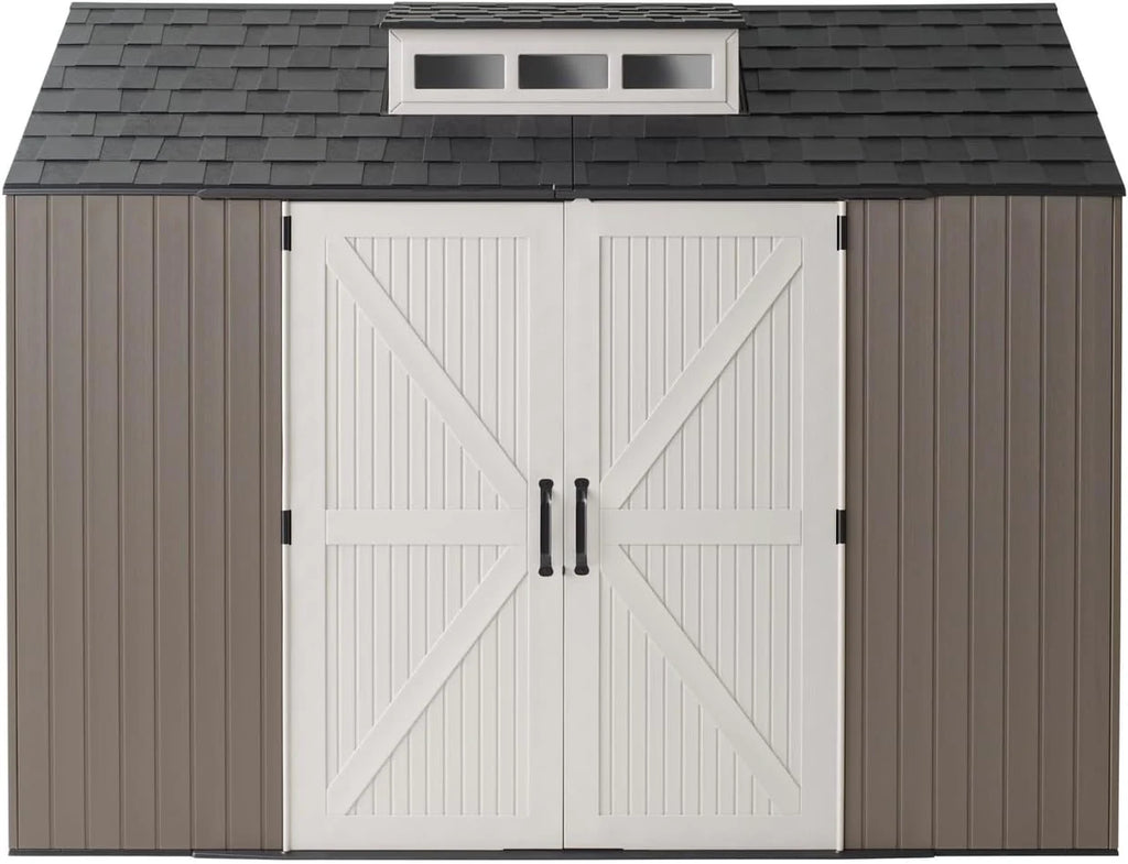 Rubbermaid Resin Outdoor Storage Shed With Floor (7 x 7 Ft) Weather Resistant Gray Organization for Home/Backyard/Garden Tools/Lawn Mower/Bike Storage/Pool Supplies