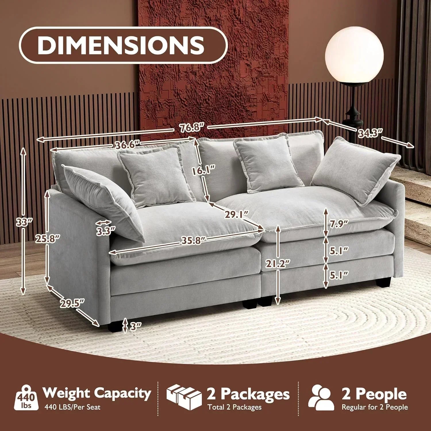 111.4 Inch L Shaped Modern Sofa Modular Cloud Sofa with Ottoman 4 Seater Chenille Deep Seat Sofa