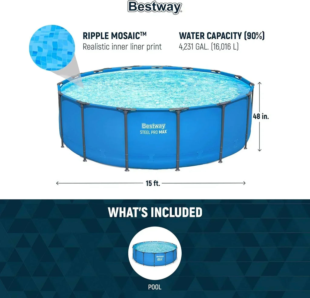 Steel Pro MAX 14 Foot x 48 Inch Round Metal Frame Above Ground Outdoor Swimming Pool Set