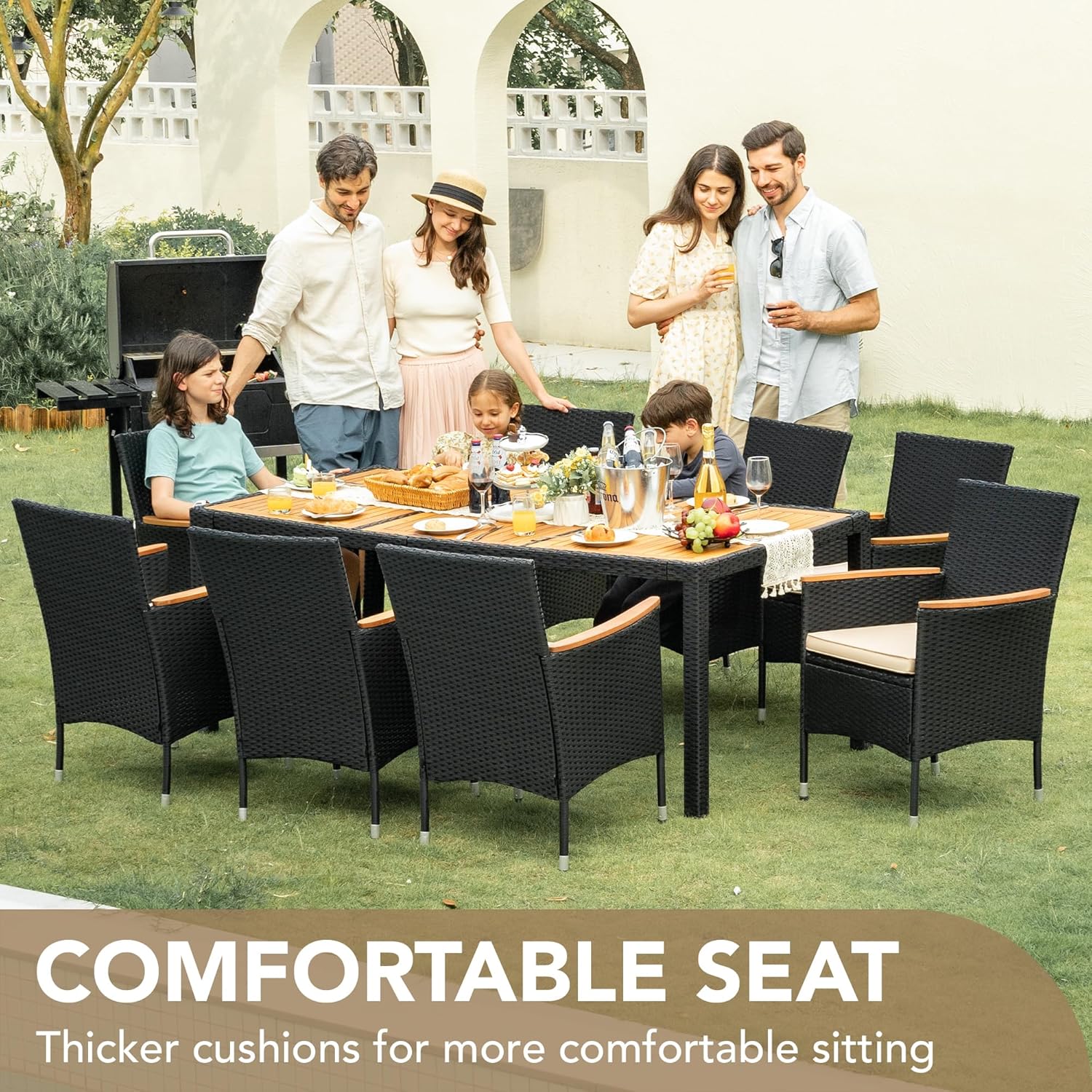 Devoko Dining 7 PCS Furniture Patio Conversation Set with Acacia Wood Table Top Rattan Outdoor