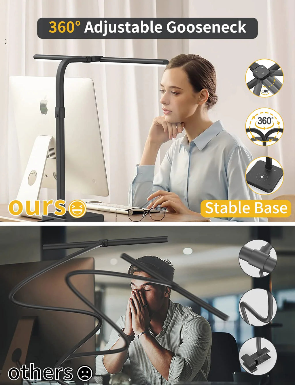 LED Desk Lamp for Home Office Double Head 24W Architect Light with 5 Brightness Levels Flexible Gooseneck