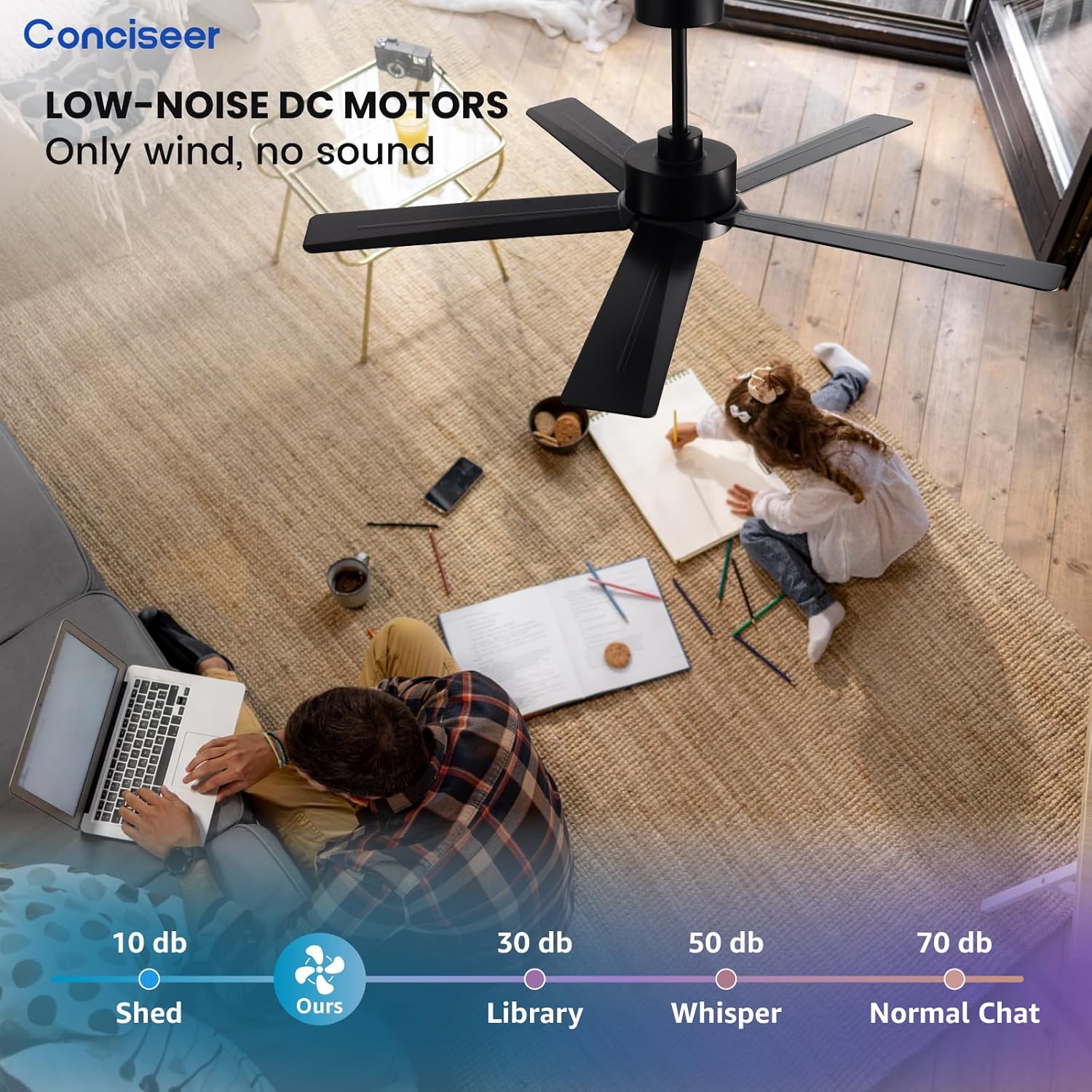 Modern Ceiling Fans with Lights, 72 Inch Ceiling Fan with Light and Remote, Bedroom Living Room Library Cafe Outdoor/Industrial,24W 3CCT Dimmable, 8 Blades 6 Speed Reversible Quiet DC Motor, Black