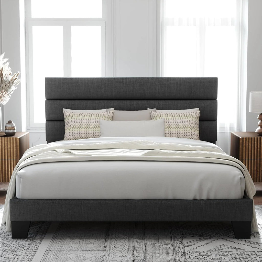 Allewie Queen Size Platform Bed Frame Fabric Upholstered Headboard Wooden Slats Support