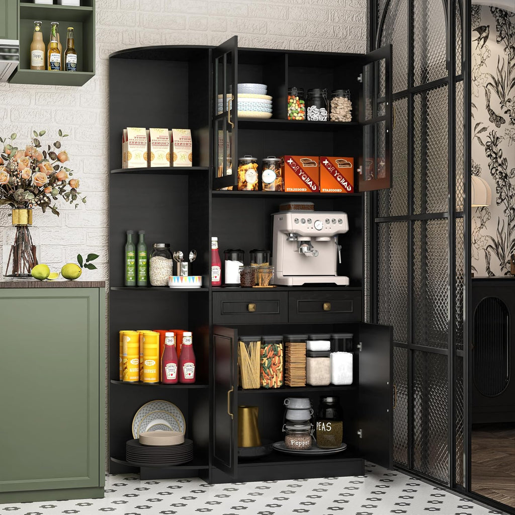 Kitchen Hutch Pantry Cabinet 71 Tall with Glass Doors