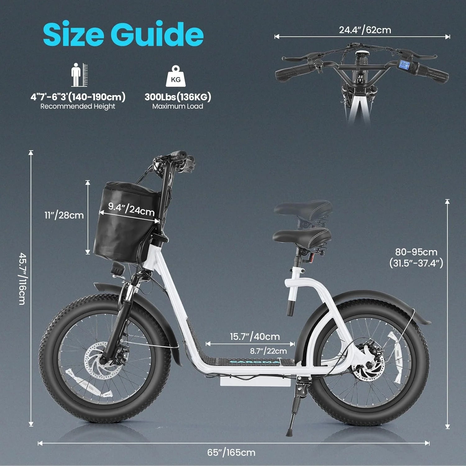 Caroma Peak 800W Foldable Adult Electric Scooter with 20-inch Wide Tires, 48V Battery, Basket, and Adjustable Seat