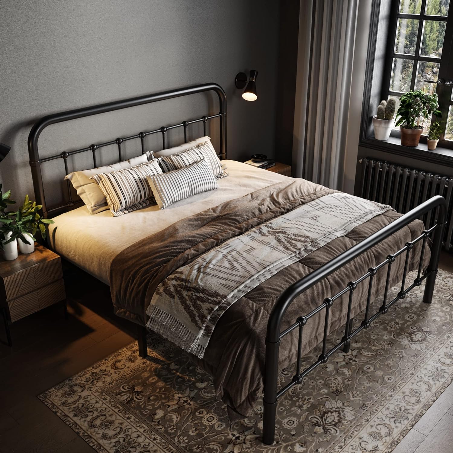 Allewie Queen Size Metal Platform Bed Frame with Victorian Style Wrought Iron-Art Headboard