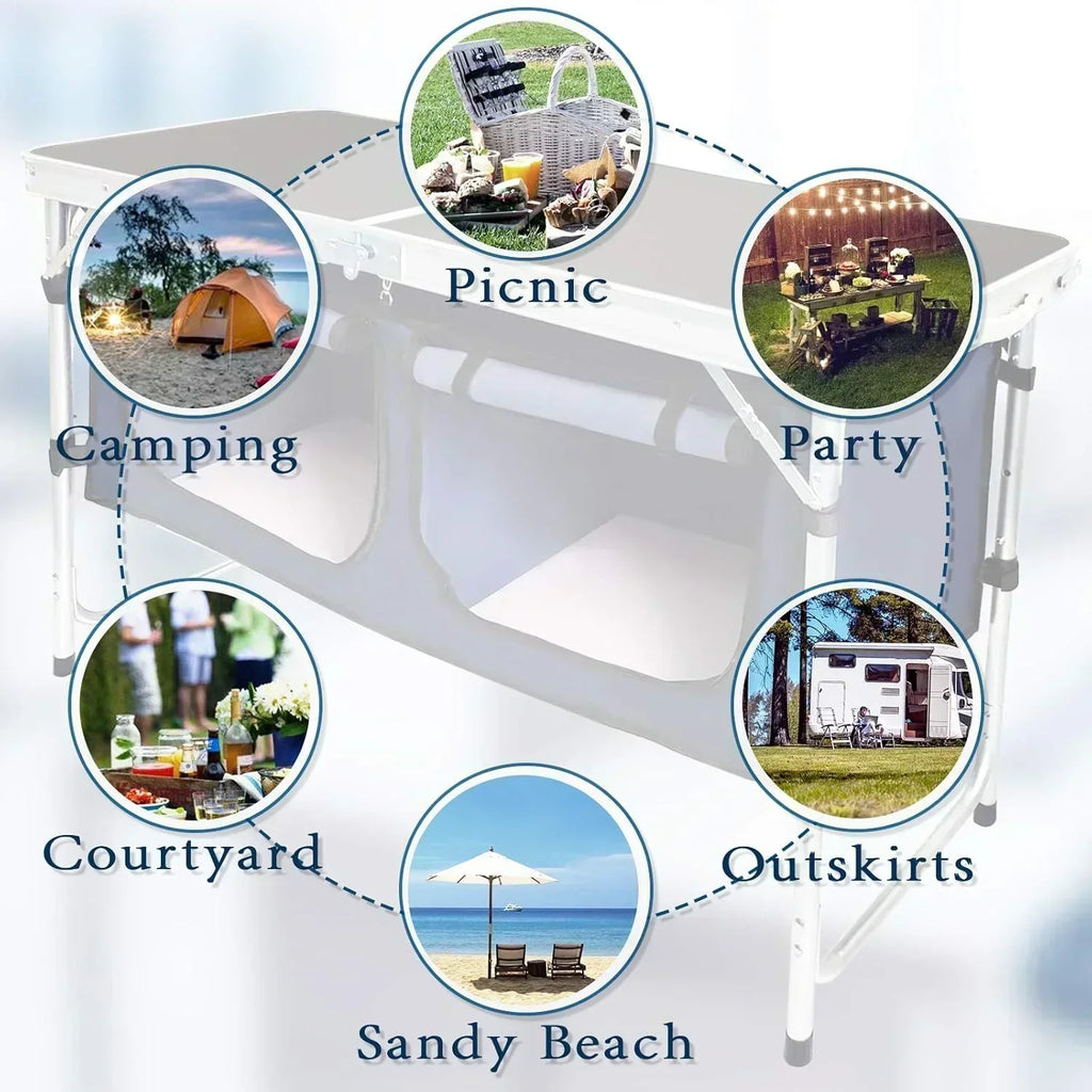 Outdoor Folding Table Aluminum Lightweight Height Adjustable with Storage Organizer