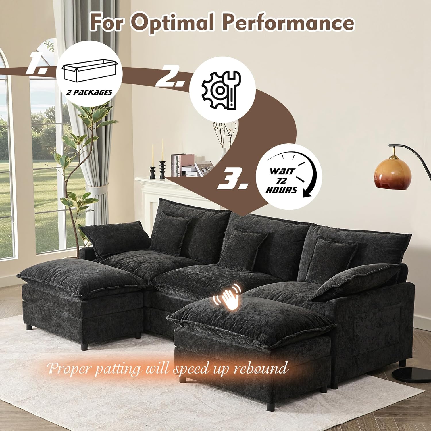 108 Inch U Shape Sofa Sectional Sofa Comfortable Cloud Sofa with Removable Footstool