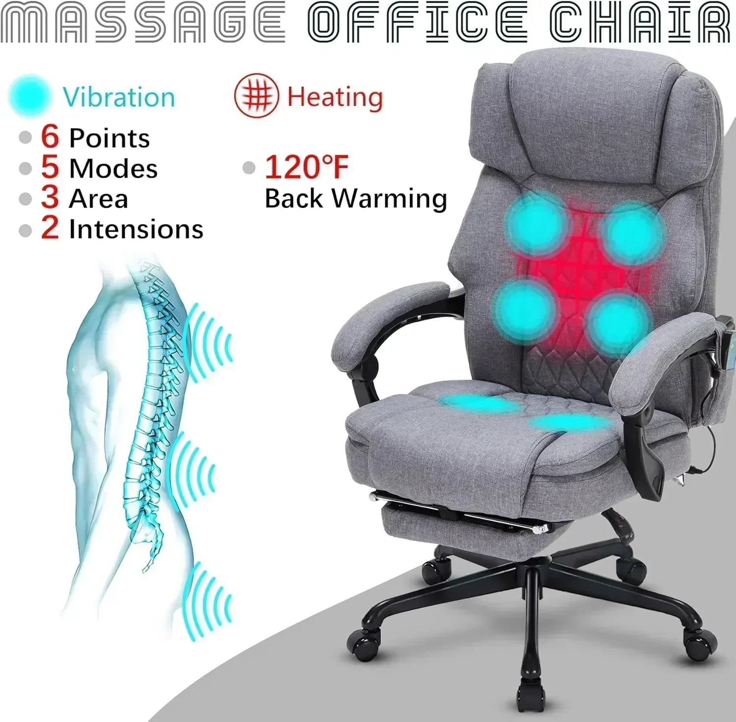 Massage Office Chair with Footrest 6 Point Vibration and Heating Home Office Desk Chair
