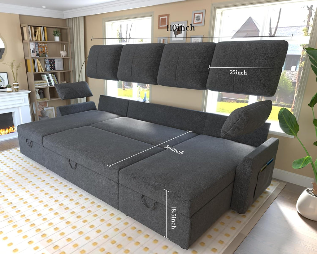 VanAcc Sofa Bed Sleeper Sofa with Storage Chaise 2 in 1 Pull Out Couch Living Room