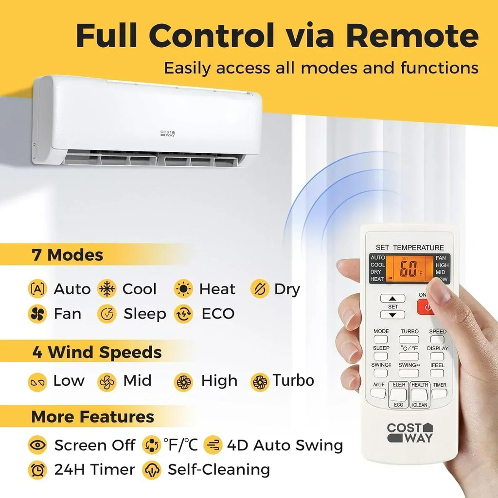 COSTWAY 12000BTU Mini Split Air Conditioner Heater 20 SEER2 115V Wall-Mounted Ductless