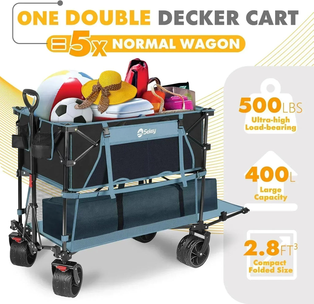 400L Large Capacity Folding Double Decker Wagon with Brakes 50 Extra Long Extender Cart