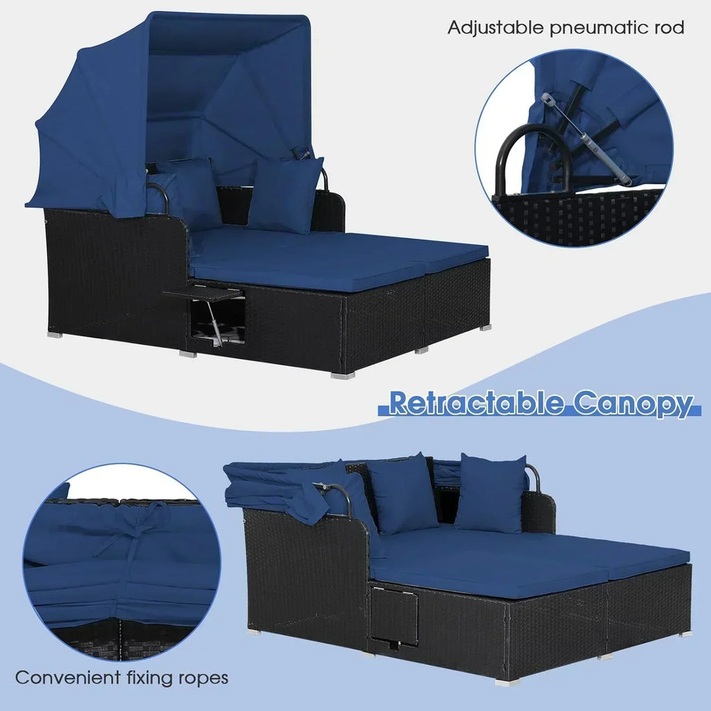 RELAX4LIFE Patio Outdoor Daybed with Canopy Wicker Sunbed Cushions 4 Pillows