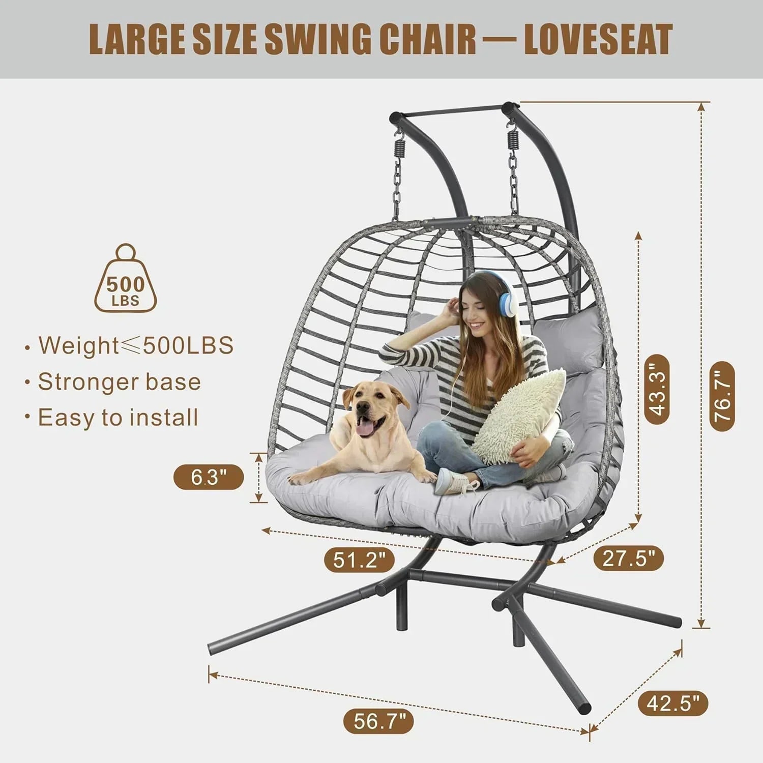 HWB Hanging Egg Chair with Stand Patio Wicker Hammock Egg Swing Chair Cushion for Bedroom