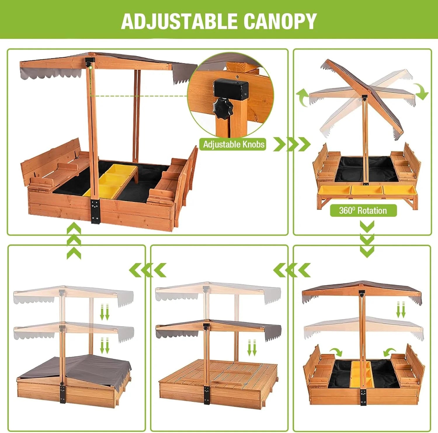 Kids Wooden Outdoor Sandbox w/Canopy, 2 Foldable Bench Seats, Retractable Roof Sand Protection Liner 47x47-Inch