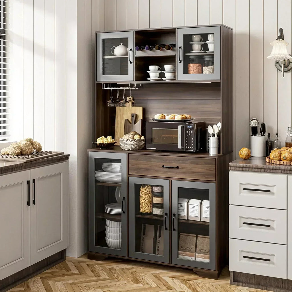 Kitchen Hutch Pantry Cabinet 71 Tall with Glass Doors