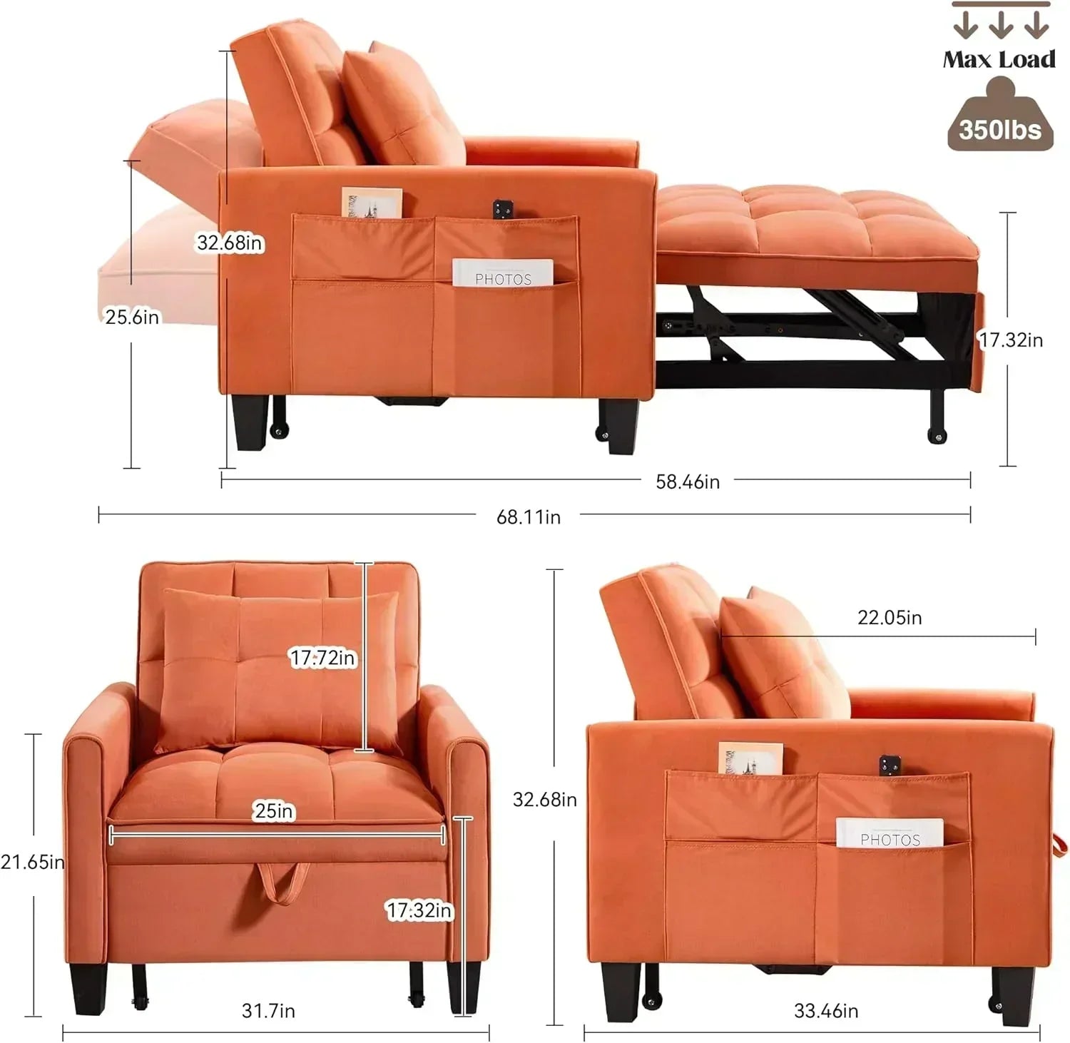 Convertible Sleeper Chair 3 in 1 Sleeper Chair Bed Pull Out Sofa Bed Chairs Velvet Single Sofa