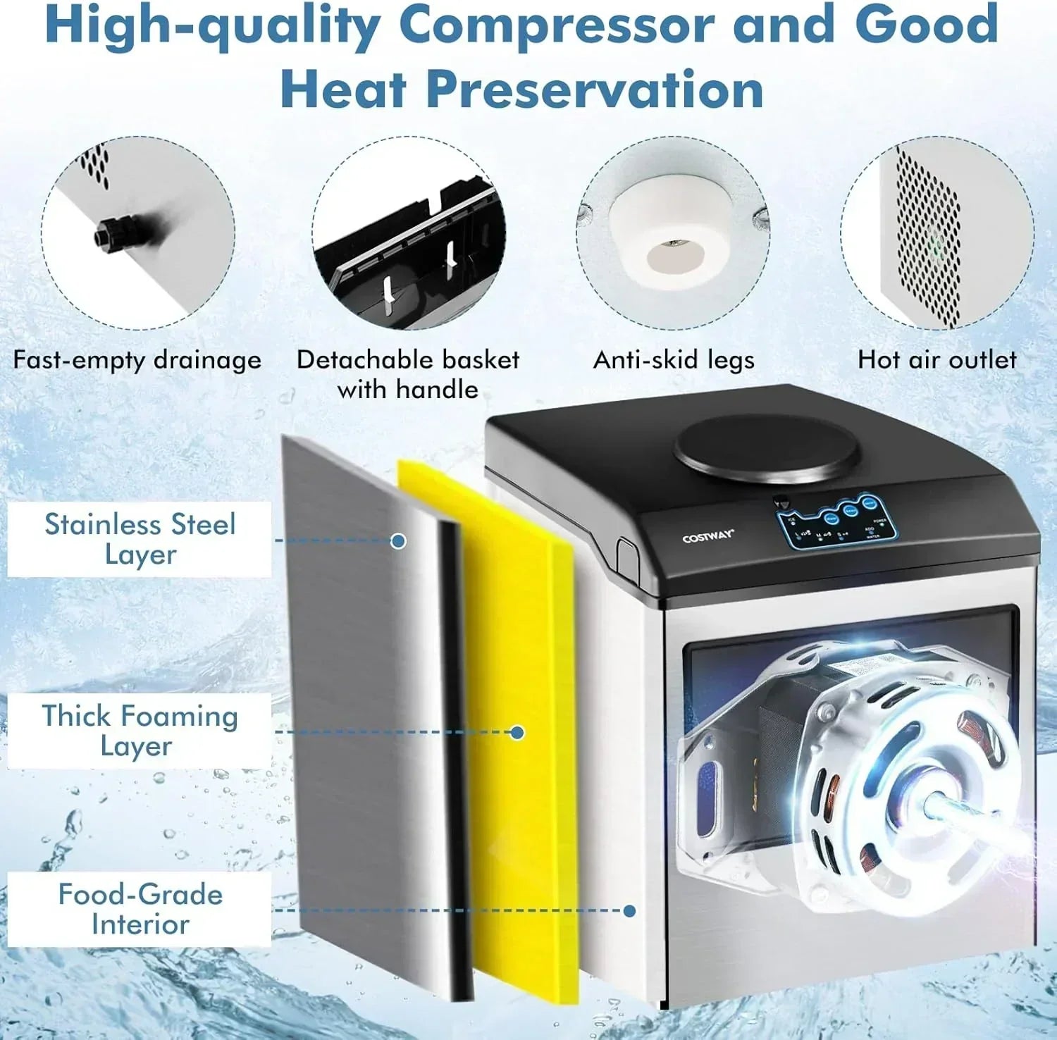 COSTWAY Countertop Ice Maker with Water Dispenser 3 Sizes Bullet Shaped Ice 48lbs/Day