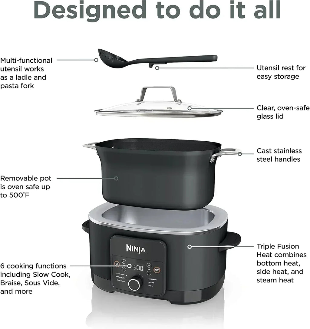Ninja Slow Cooker 8.5 Quart Multi Cooker with Dutch oven steamer glass lid with integrated spoon