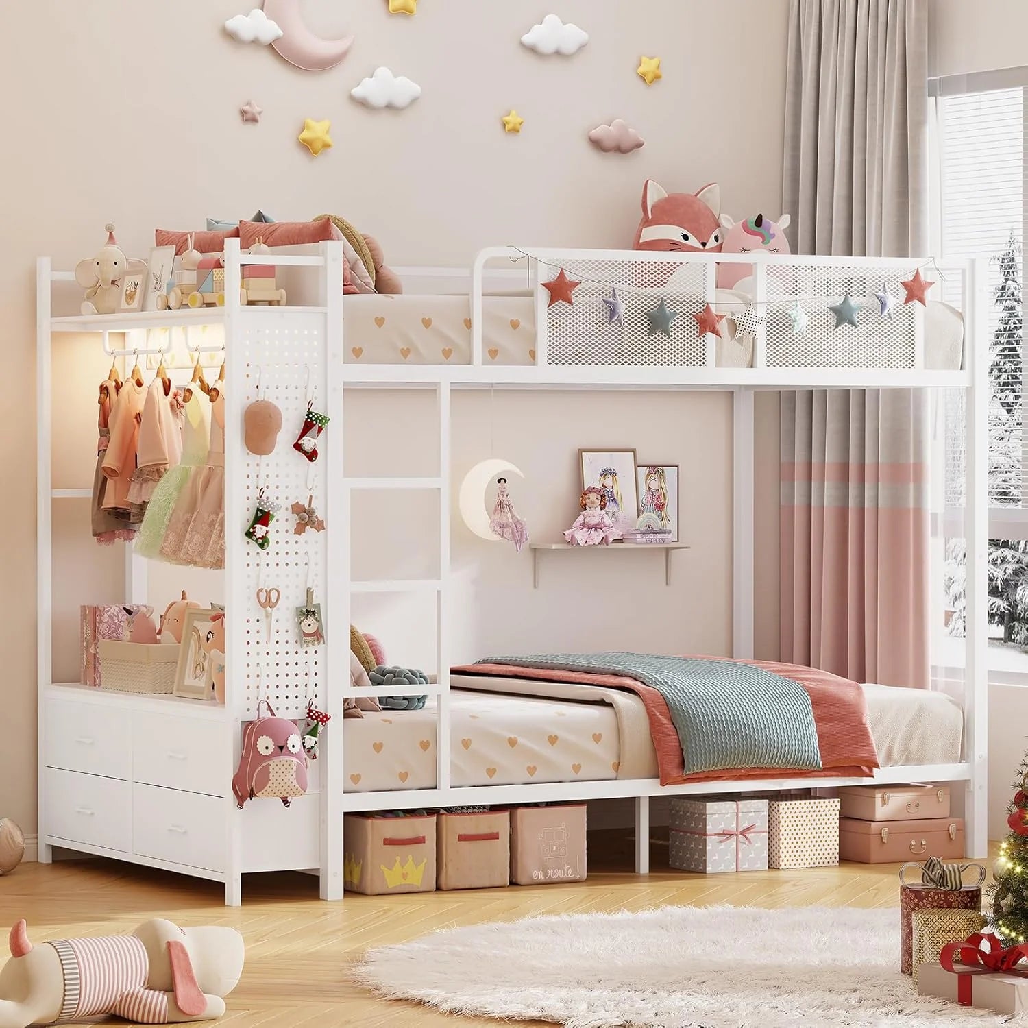 Itaar Metal Bunk Bed Twin Over Twin Hall Tree Power Outlet LED Bunk Bed 4 Storage Drawers