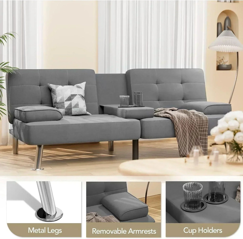 Shahoo Modern Linen Upholstered Convertible Folding Futon Sofa Bed with Removable Armrests