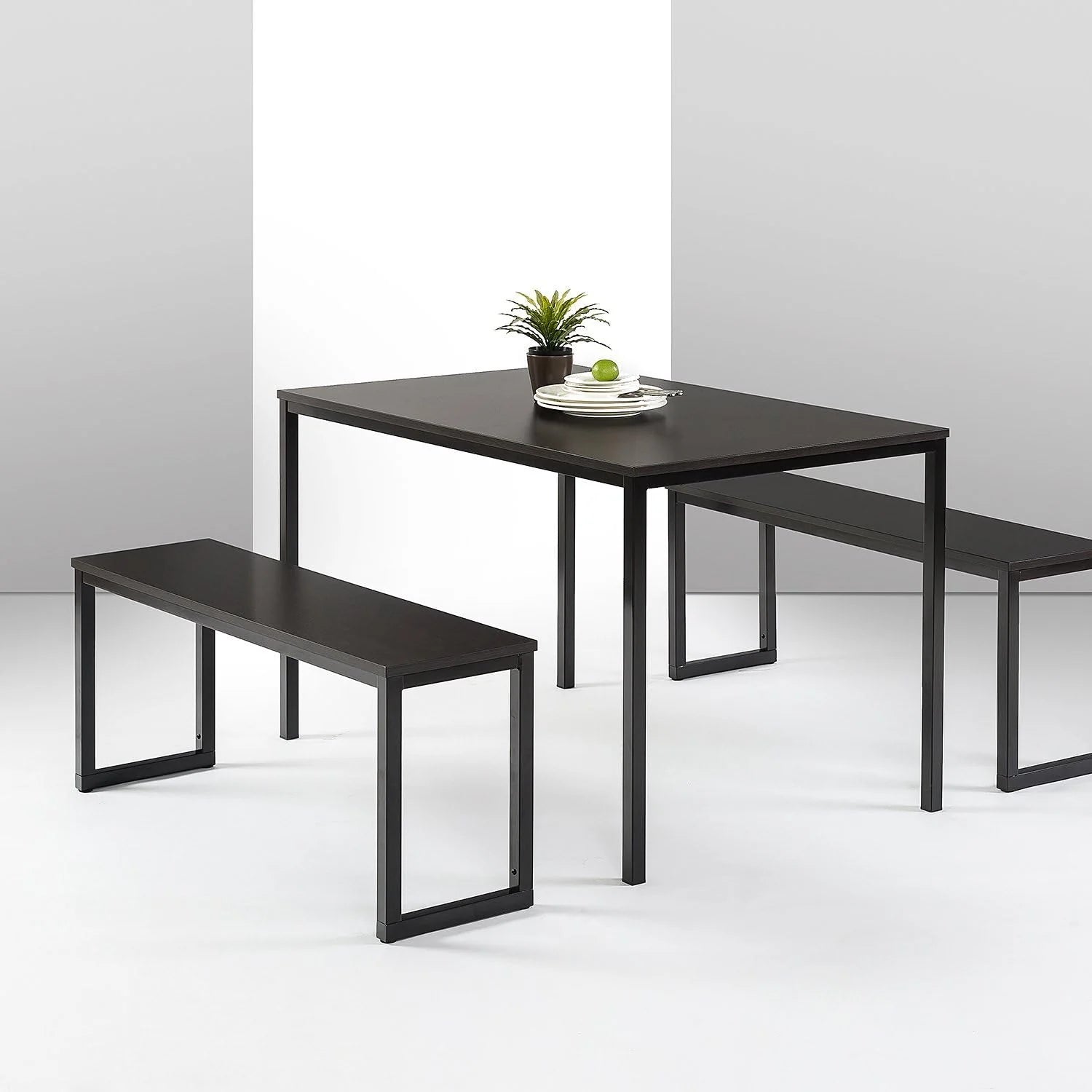 Zinus Louis 48 Inch Black Metal Frame Dining Table with Benches 3 Piece Dining Set