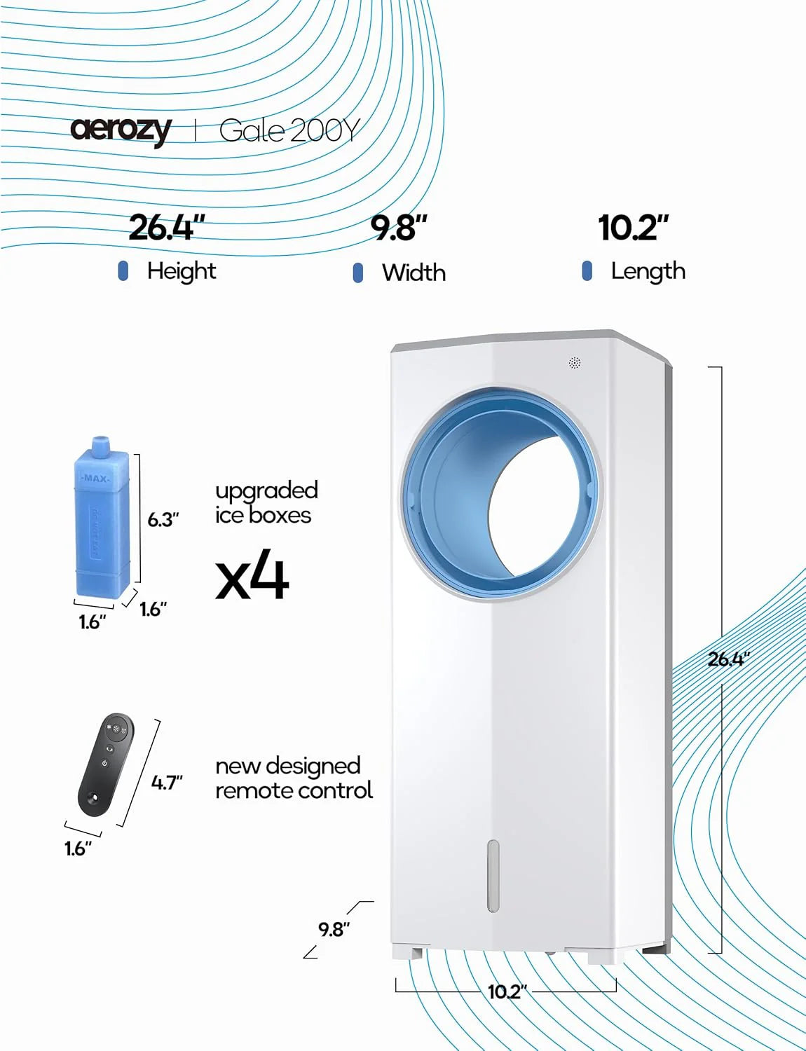 Windowless Portable Air Conditioner, 26.3 Small Evaporative Air Cooler for Room No Window, 3-Speed Settings, 4 Modes, 7H Timer, Remote Control, 4 Ice Packs, Quiet AC Unit for Bedroom
