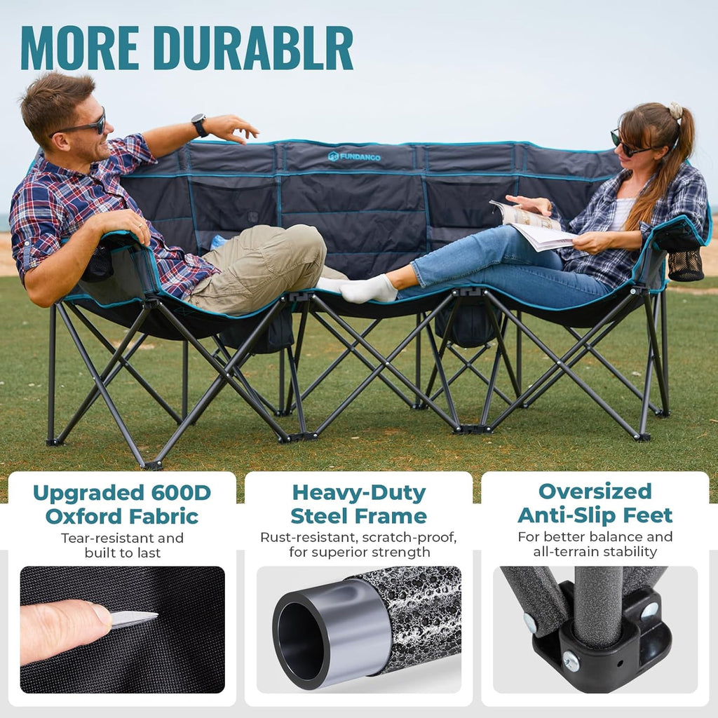 Double Camping Chair Cooler 3-Person Folding Extra Large Camping Chair 1000-Pound Capacity