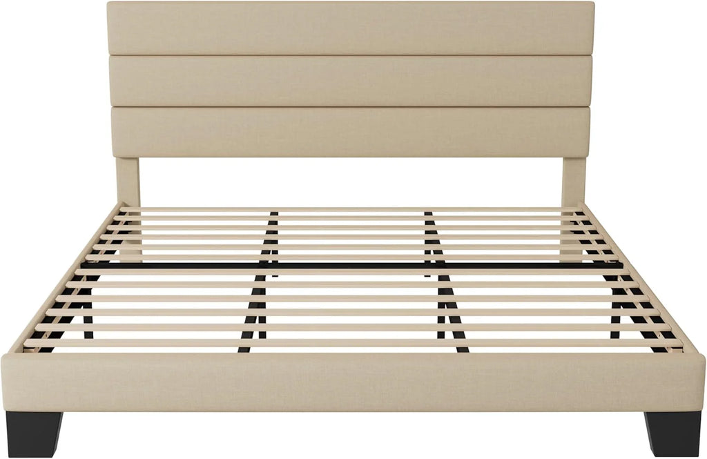 Allewie Queen Size Platform Bed Frame Fabric Upholstered Headboard Wooden Slats Support