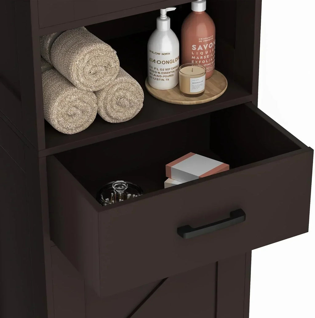 Homhedy 67 H Tall Bathroom Storage Cabinet with 2 Barn Doors and 1 Drawer Narrow Storage Unit
