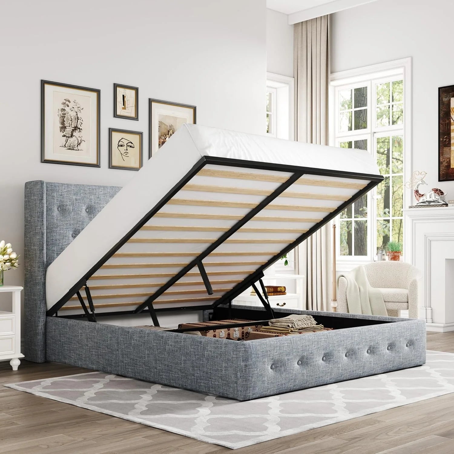 Allewie Queen Size Lift Up Storage Bed Modern Wingback Headboard Hydraulic Support