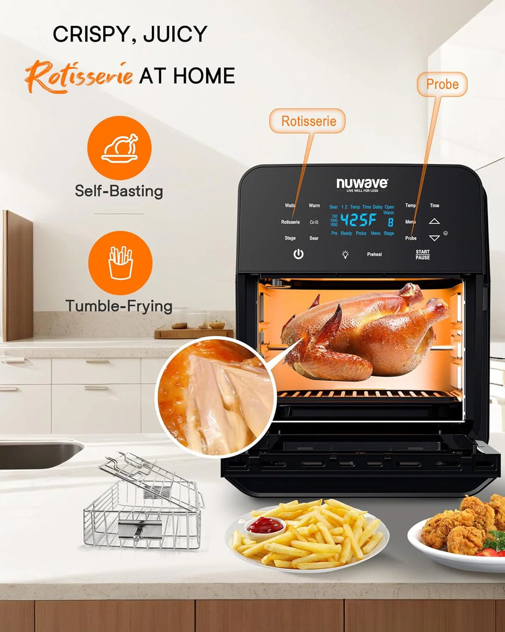 Nuwave Brio 15.5Qt Air Fryer & Broiler with 50°-425°F Temperature Control, 100 Presets and 50 Memory, Integrated Smart Thermometer, and Linear T Technology