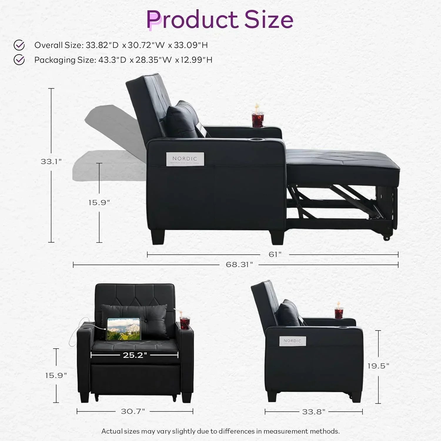 Adult Convertible Sleeper Chair Bed 3-in-1 Pull-Out Sofa Bed with USB/Type-C Ports Cup Holders