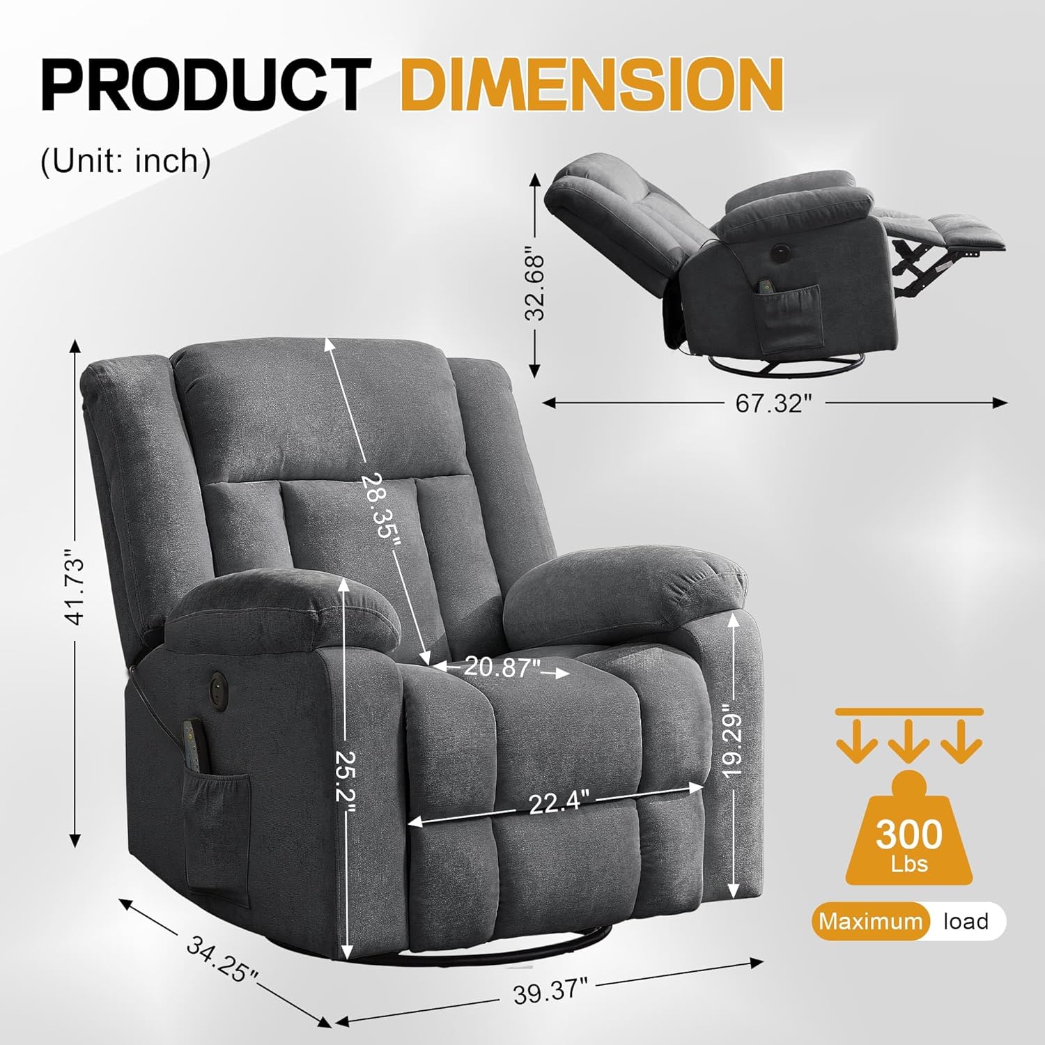 Adult rocking chair, gliding recliner, 360° rotating rocking chair with massage and heating function