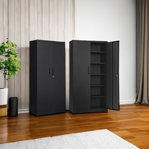 Metal Storage Cabinet with 2 Doors and 6 Shelves Black Metal Cabinet Garage Storage Cabinet