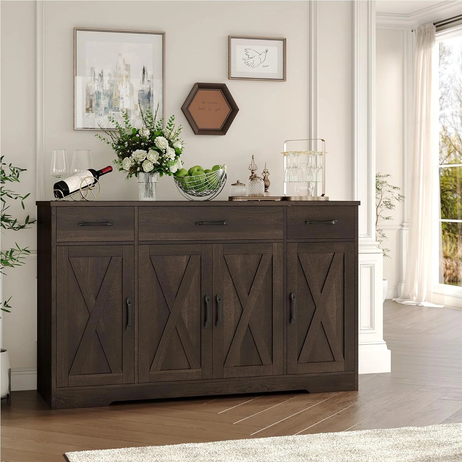 Sideboard with drawers, large 55-inch sideboard, sideboard storage with shelves and doors, modern farmhouse coffee bar wood kitchen dining table