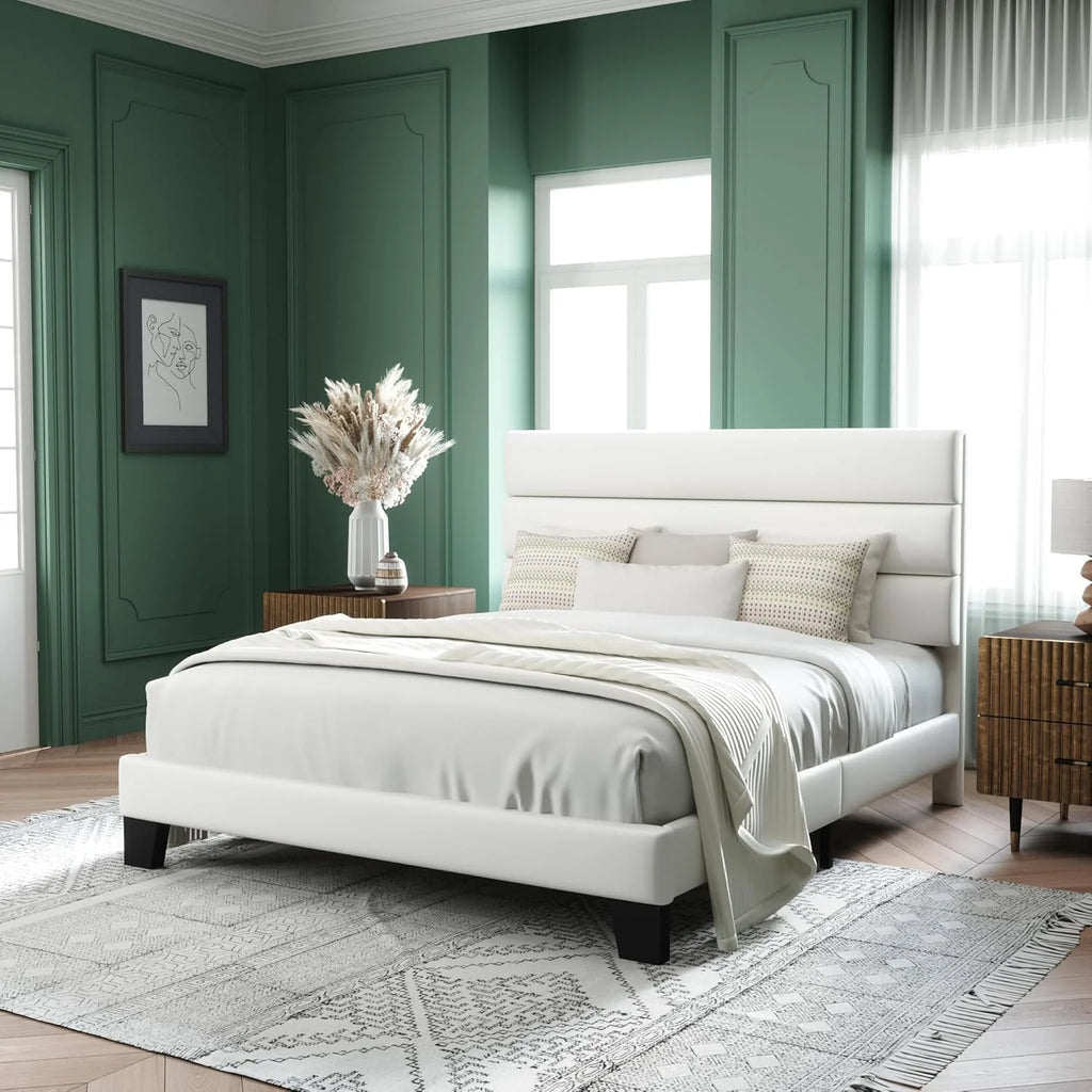 Allewie Queen Size Platform Bed Frame Fabric Upholstered Headboard Wooden Slats Support