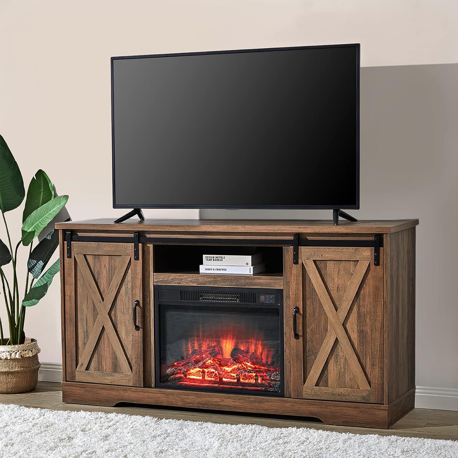 AMERLIFE Fireplace TV Stand with Sliding Barn Door  Farmhouse 63 Fireplace Entertainment Center