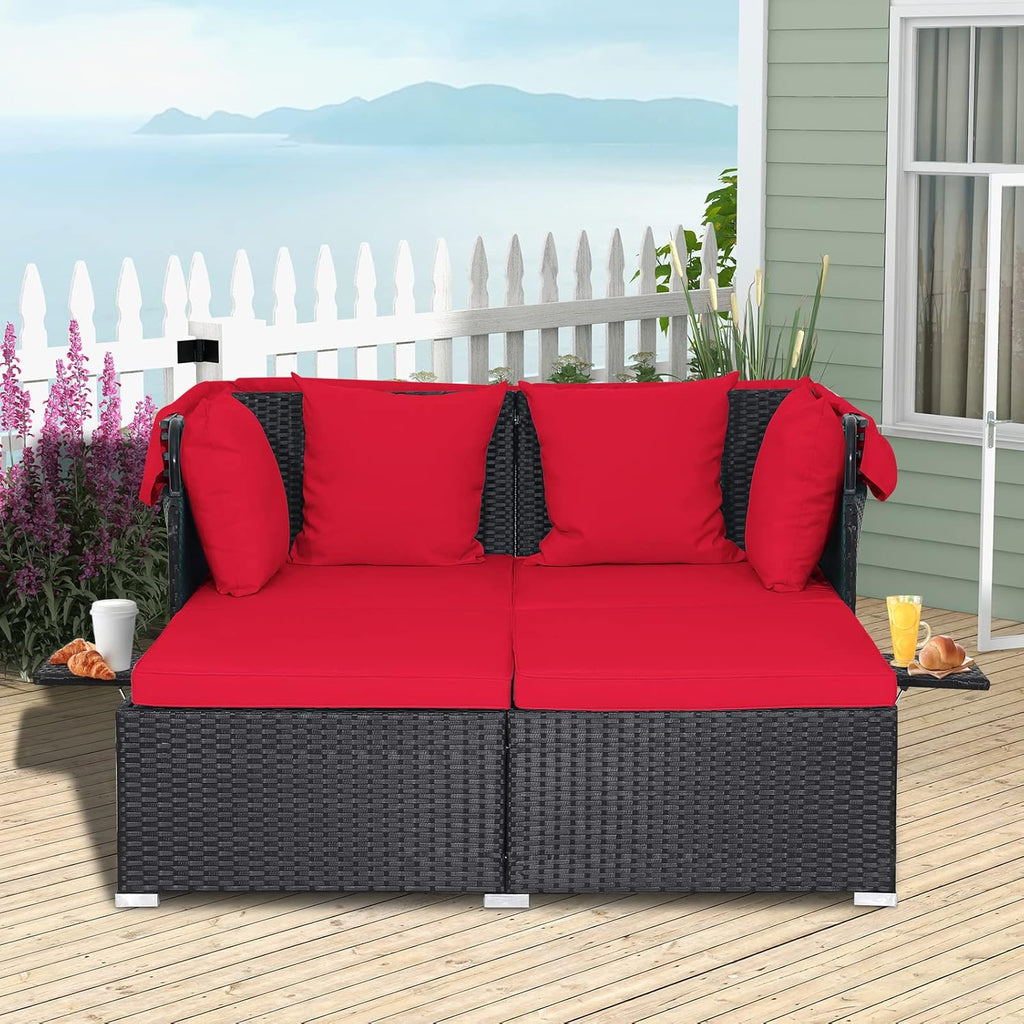 RELAX4LIFE Patio Outdoor Daybed with Canopy Wicker Sunbed Cushions 4 Pillows