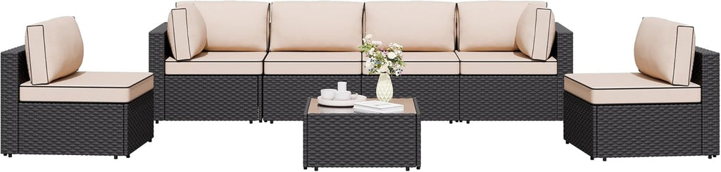 7 Pieces Outdoor Patio Sectional Sofa Couch, Wicker Furniture Patio Conversation Sets with Washable Cushions & Coffee Table for Garden, Poolside, Backyard