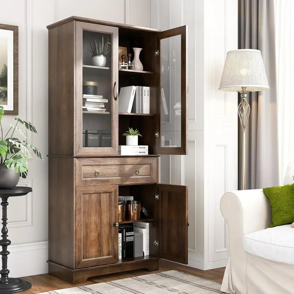 Kitchen Hutch Pantry Cabinet 71 Tall with Glass Doors