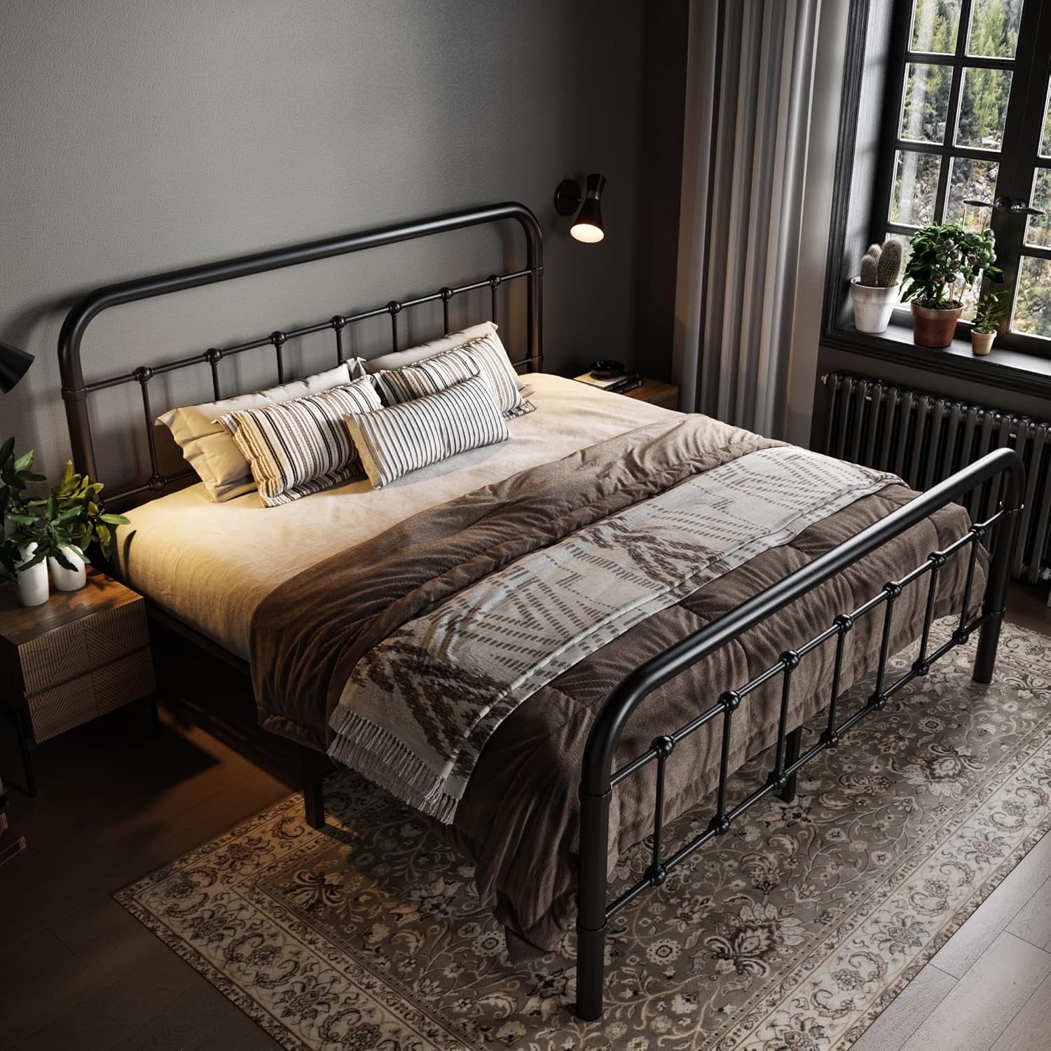 Allewie Queen Size Metal Platform Bed Frame with Victorian Style Wrought Iron-Art Headboard